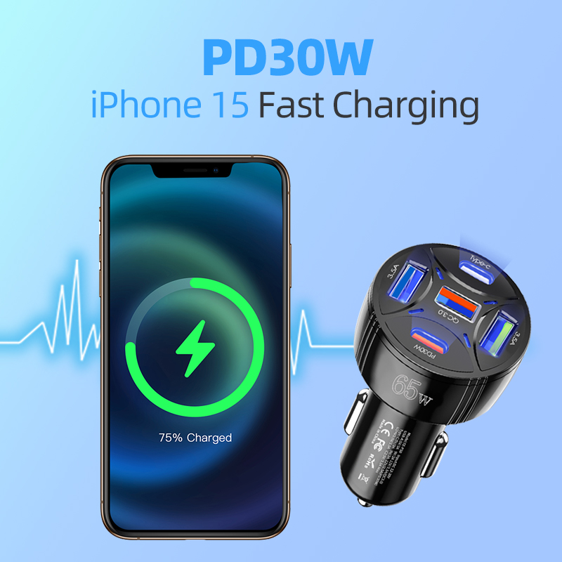 5 Ports 65W USB Car Charger Type C Car Lighter Charger PD QC3.0 Car Fast Charger Adapter 30W