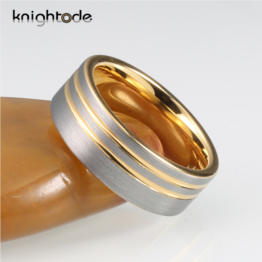 8mm Two Offset Grooved Gold Color Tungsten Carbide Wedding Band For Men Women Engagement Rings Flat Brushed Comfort Fit