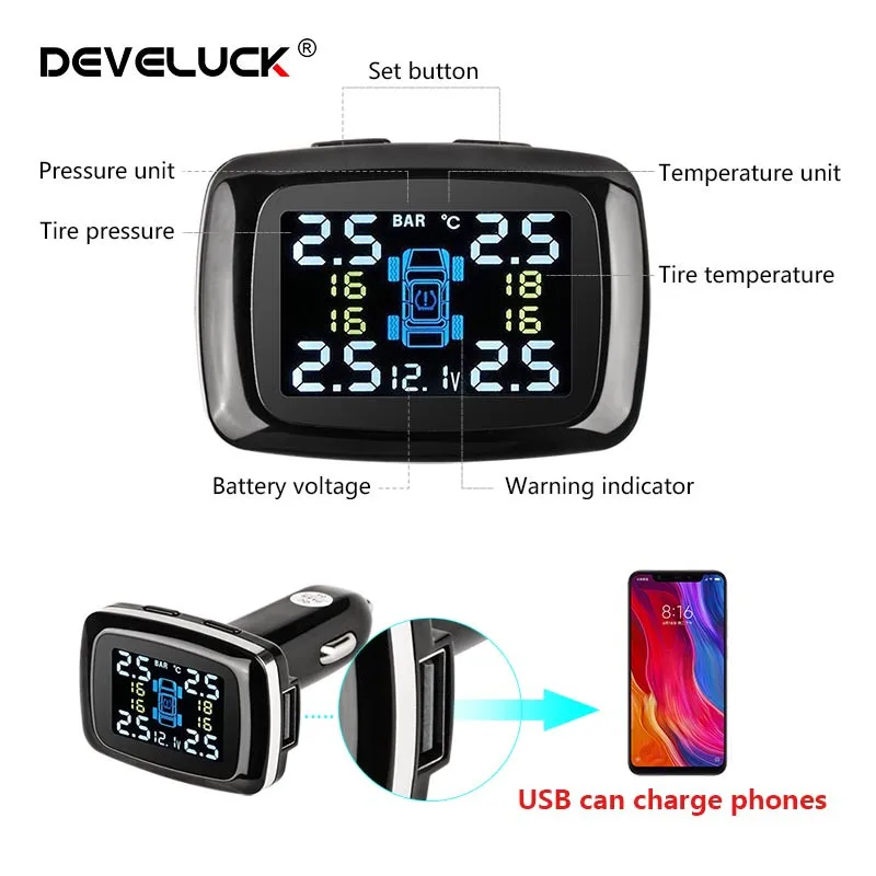 Develuck Car TPMS Cigarette Lighter Digital Tire Pressure Monitoring System USB Port Security Alarm & IP68 Waterproof Sensors