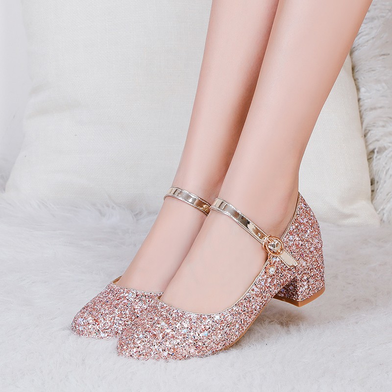 Sweet Girls Performance Party Sequin Fairy Shoes Pink Gold Silver Red Round Toe Middle Heels Wedding Mary Jane Pumps Size 34-43