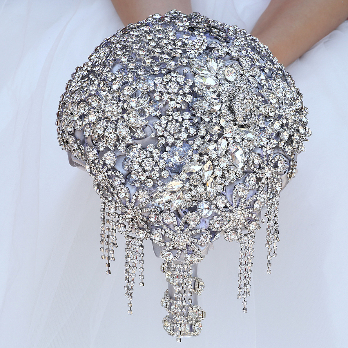 Kyunovia Cascading Teardrop Bouquet Silver Brooch Bouquet Wedding Accessories Jewelry Bouquet Crystal Cascade Bouquet FE69
