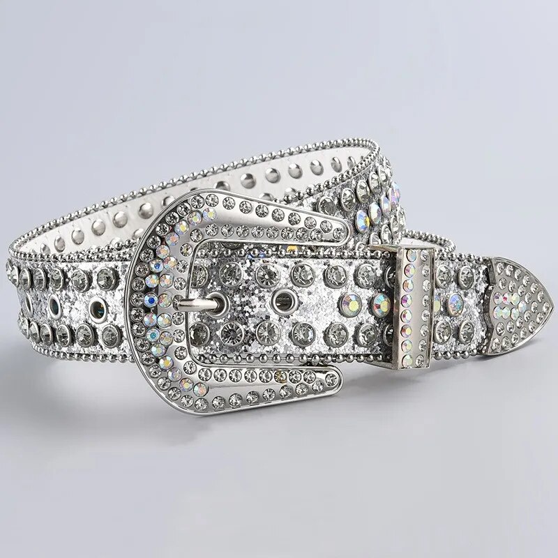 Rhinestone Leather Belt for Men Women Large Size Belt Western Jeans Shiny Rivet Hip-hop Punk Rock Y2K Style