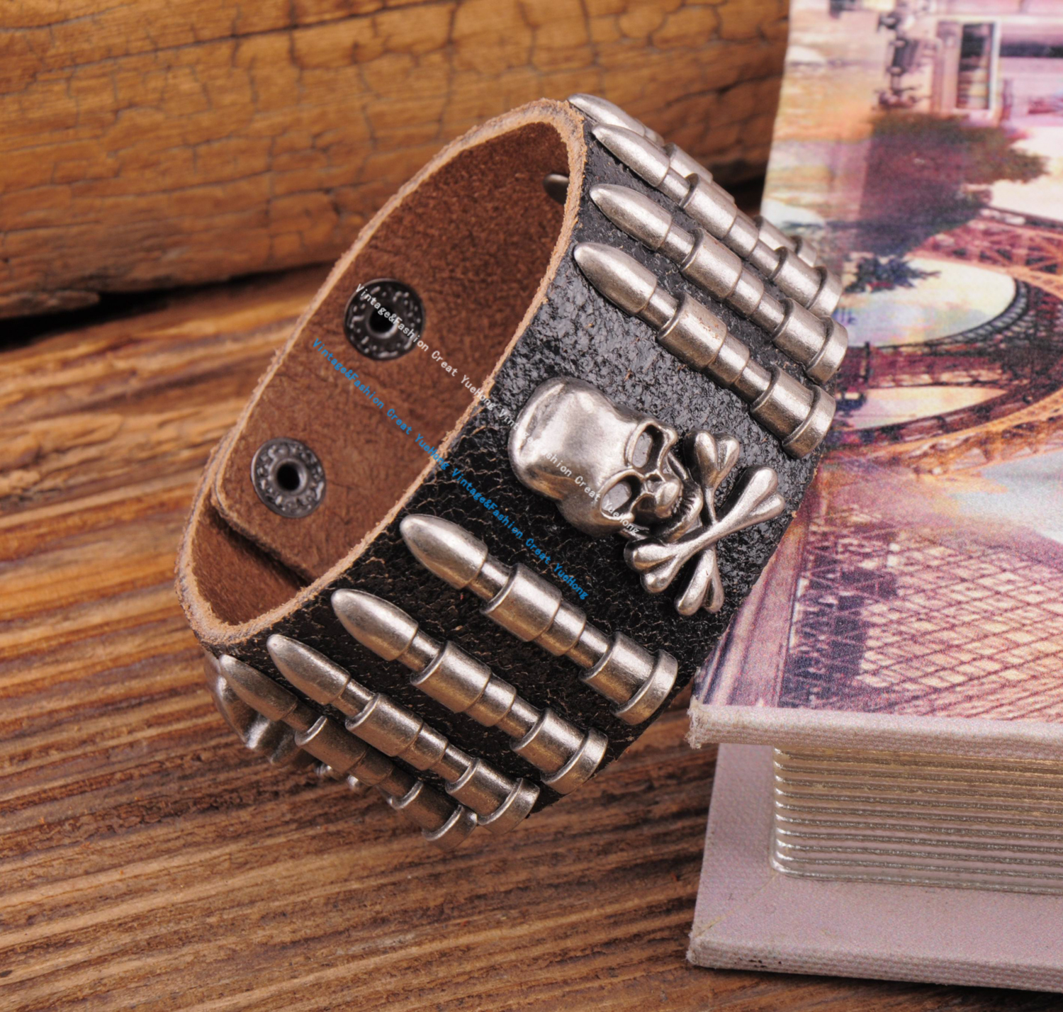 G563 Black Rock Army Bullet Studded Men's Single Wrap Leather Bracelet Wristband Wide Cuff New