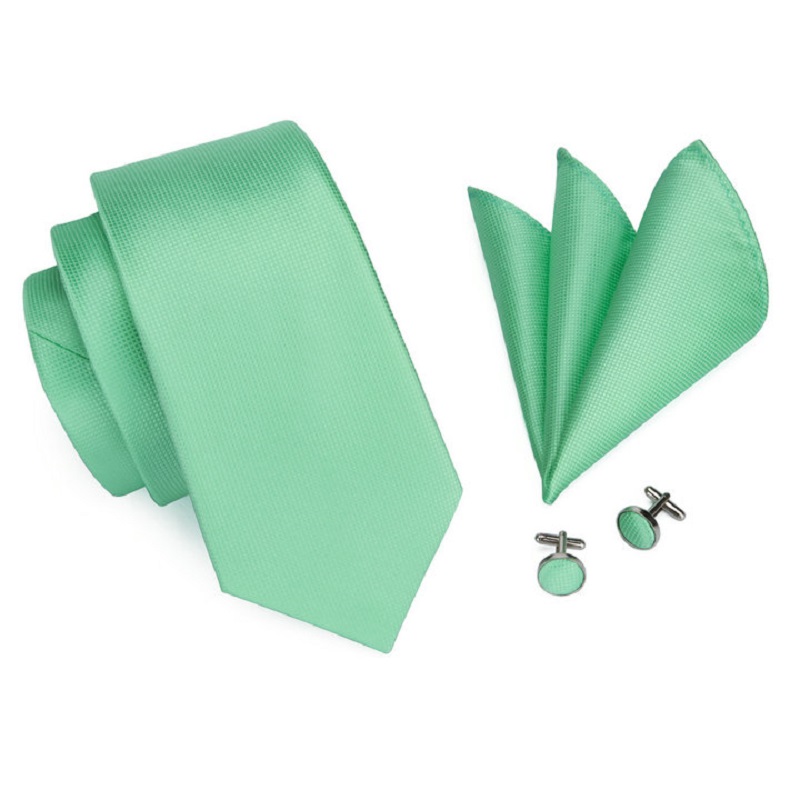 New Hot Sale Men's Necktie Hanky Cufflinks Set Tie for Men Pocket Square Wedding Grooms Solid Mint Green Neck Tie Set MJ-371
