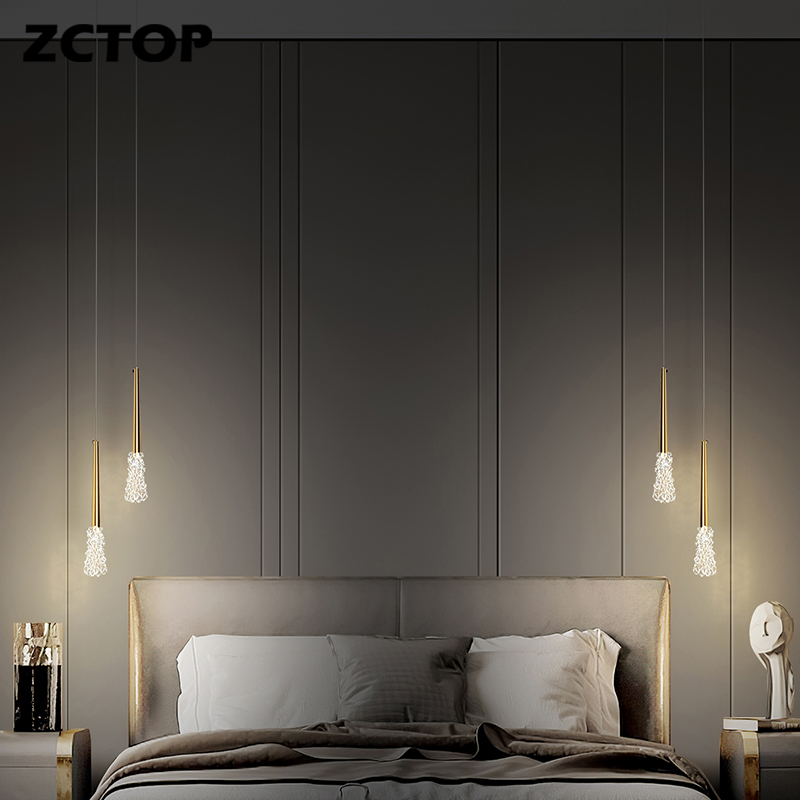 Modern Led Copper Chandeliers Bedroom Hotel Bar Decor Hanging Lighting Fixtures Crystal Bedside Lights Indoor Lighting Fixtures