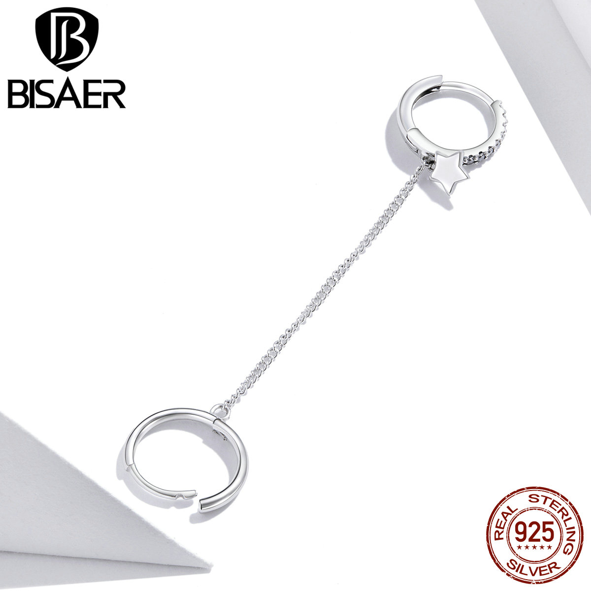 BISAER 925 Sterling Silver Double Layer Ear Cuff Star Earring Buckle For Exquisite Woman Plated Platinum Fine Jewelry