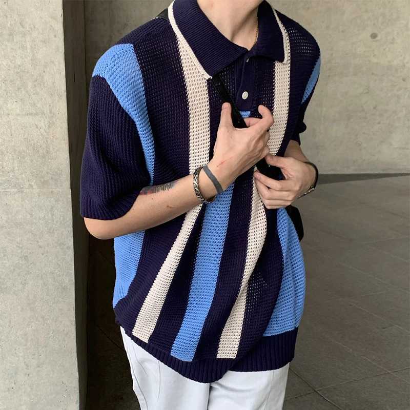 Men's Sweaters Y2K Mens Knit Polo Shirt Summer Short Slve Lapel Button Oversize Sweater Tops Fashion Striped Knitted Men Strtwear Jumpers Y240622