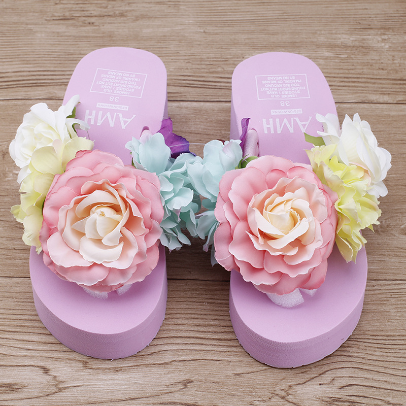 Bohemia Flowers Woman Beach Flip Flops Summer Style Slides Resistant Slippers Platform Shoes Woman Hit Color Wedges Slippers