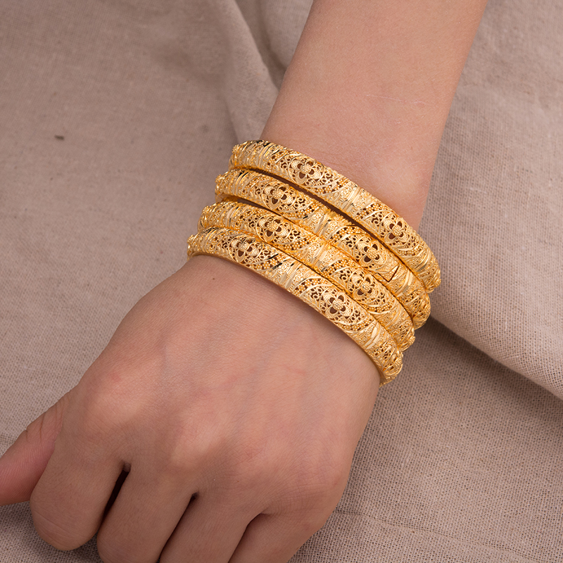 4Pcs/lot 24K Dubai Bangle Women Gold Color Jewelry Copper 18 k GF Dubai Bracelet for Women Africa Arab Items wedding bridal gift