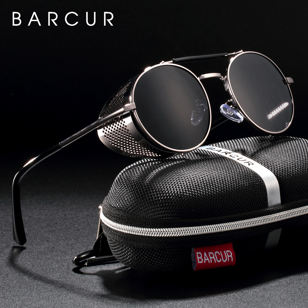 BARCUR Vintage Retro Round Polarized Steampunk Sunglasses Men Sun Glasses For Women Style UV400 Protection