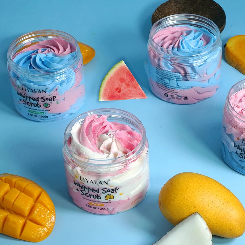 Private Label Whipped Bath Soap Clean Moisturizing Handmade Body Wash Cream Foaming Shea Butter Rainbow Scrub 200g 240624