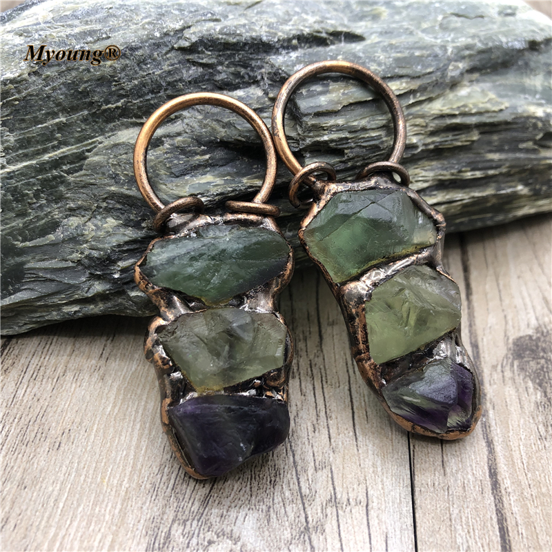 5PCS Boho Jewelry Soldered Fluorite Green Crystal Quartz Antique Vintage Stone Necklace Pendants MY210425