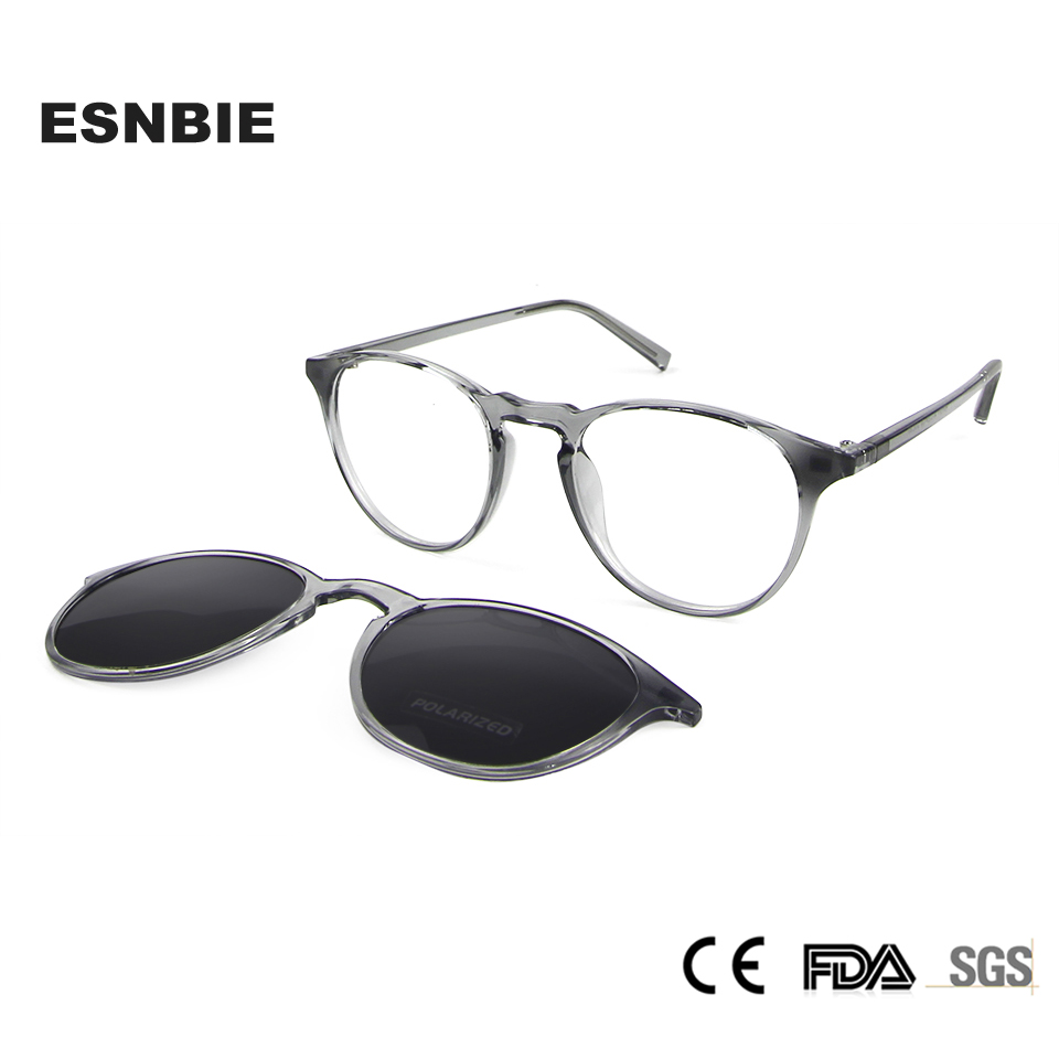 New Transparent Gray Round Eyeglasses Frame With Magnetic Polarized Clip On Sunglasses Women Designer TR90 Flexible Frame Glass