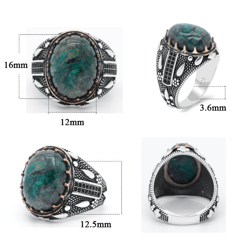 Turkish Jewelry 925 Sterling Silver Men's Ring Natural Phoenix Stone & Black CZ Ring Water Drop Design for Male Fine Jewelry