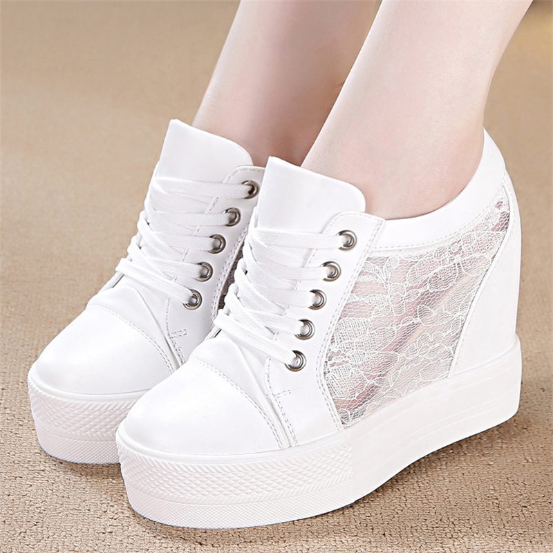 11cm PU Leather Platform Wedge Chunky Sneaker Hidden Heels Casual Pumps Breathable New Spring Autumn High Brand Vulcanize Shoes