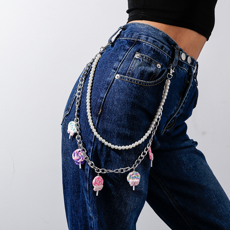 2023 Hip Hop Rainbow Resin Chain Keychain Men Women Cute Waist Chain Multicolor Acrylic Flower Pants Trousers Chain Punk Jewelry