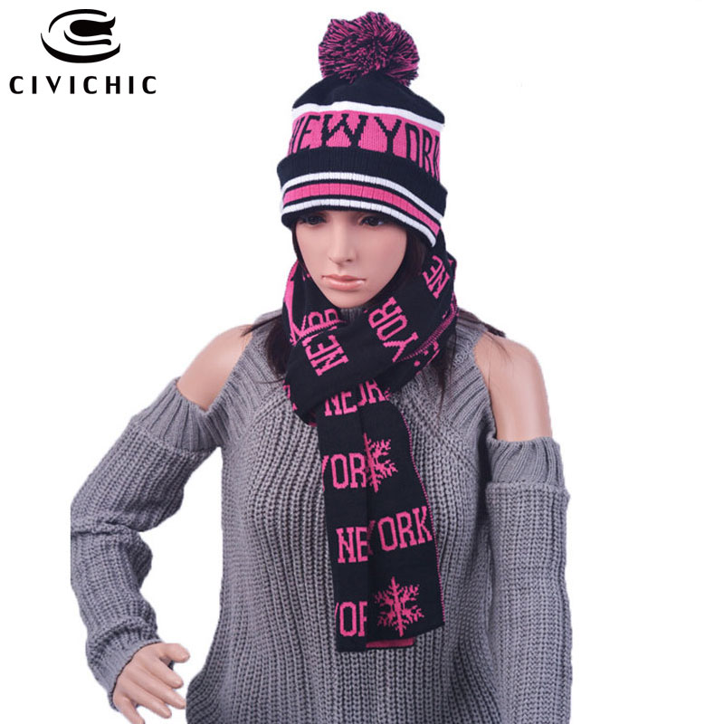 CIVICHIC Unisex Warm Faux Wool Knit Hat Scarf Set Man/woman Christmas Gift Cap New York Print Thicken Headwear Neck Shawl SH108