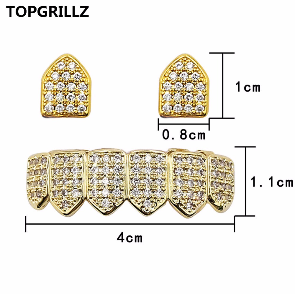 TOPGRILLZ Hip Hop Jewelry New Cuatom Fit Gold/Silver Color All Iced Out Copper Micro Pave CZ Stone Top&Bottom Teeth Grills Gifts