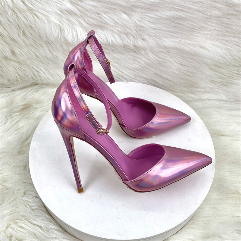 Pink Metallic Leather Ankle Strapy Women Pumps Buckle Stiletto High Heel Shoes Pointy Toe Ladies Wedding Size 33-45 68