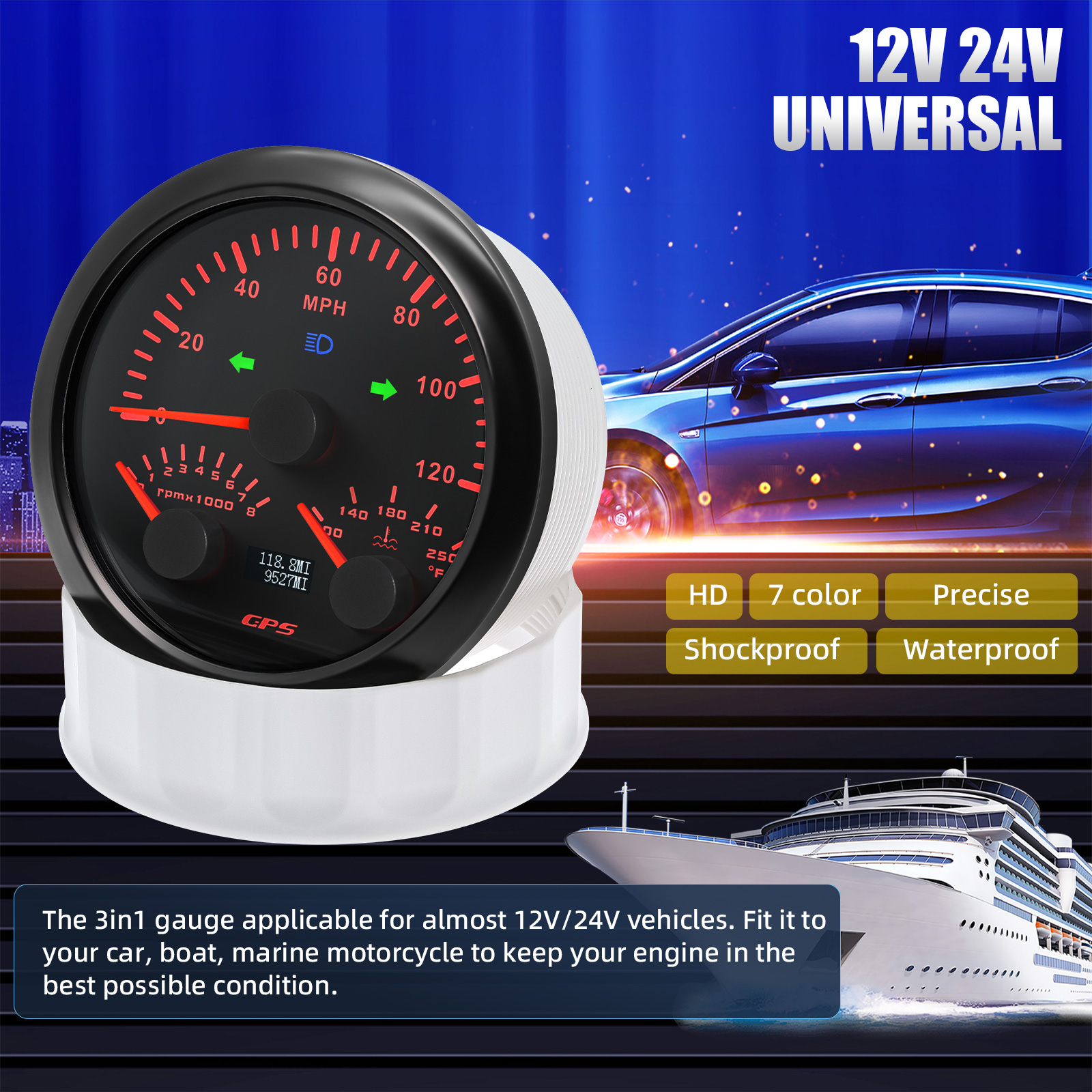 12v 24v Universal 7-color Backlight Waterproof 3In1 Car Gauge MPH Speedometer + PRM Tachometer + °F Water Temperature Gauge