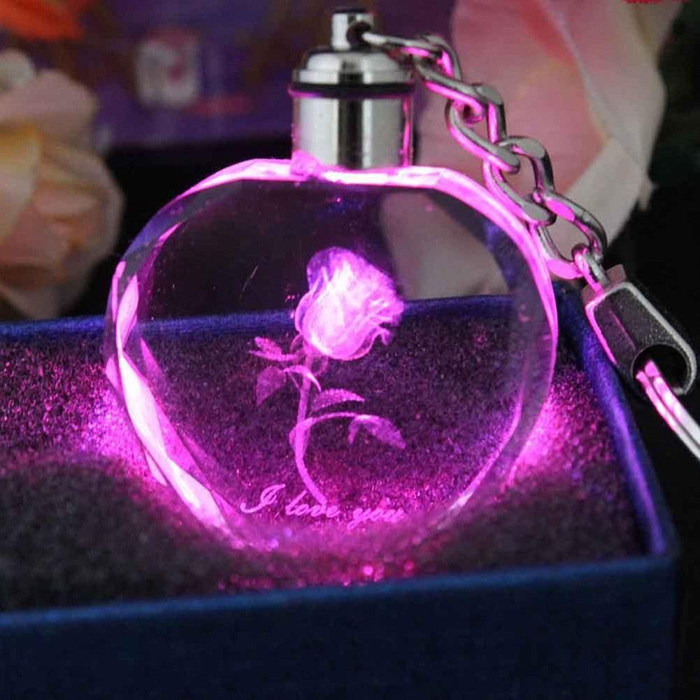 Trendy Artificial Colorful Fairy Crystal Rose Flower Heart Key Chain LED Keyring Jewelry Lovers Couples Keychain Valentines Day
