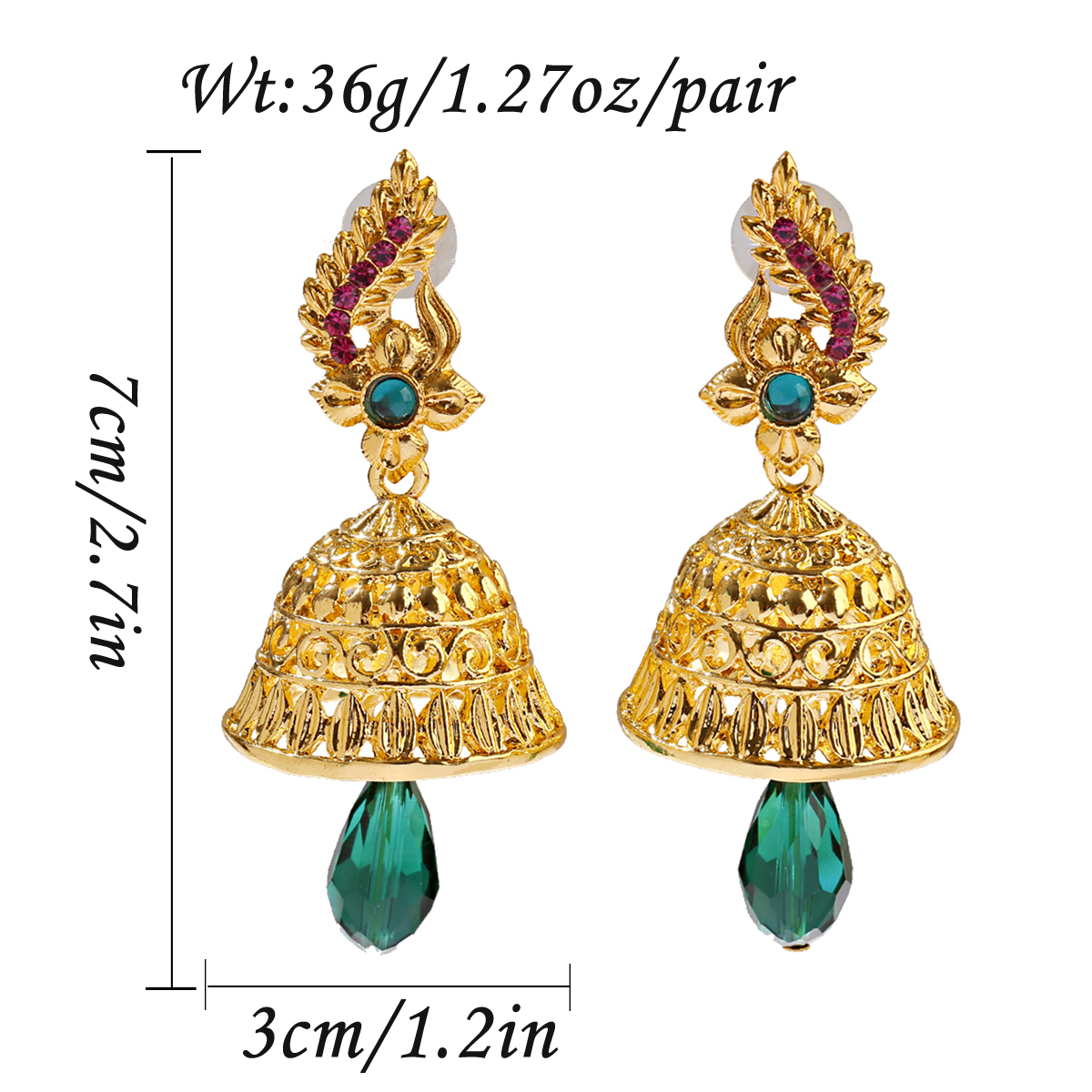 Retro Big Gold Color Bells Alloy Indian Jhumka Earrings Women's Vintage Peacock Pearls Beads Turkey Earrings Bijoux