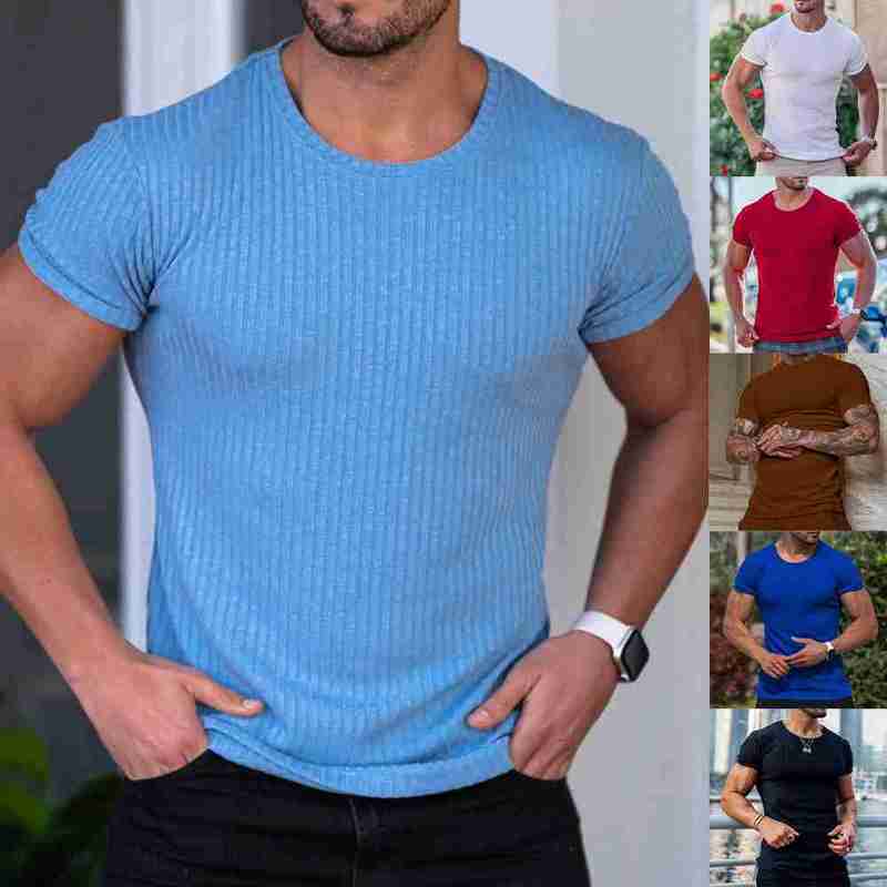 Men's T Shirts summer sports fitness leisure stand collar elastic vertical round neck short sleeve T-shirt tees tops