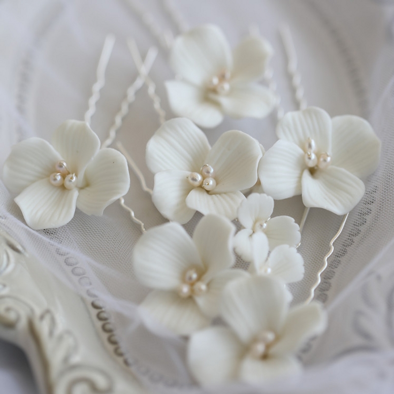 Simple White Ceramic Flower Bridal Hair Clips Pins Pearls Wedding Jewelry Handmade Women Hair Piece