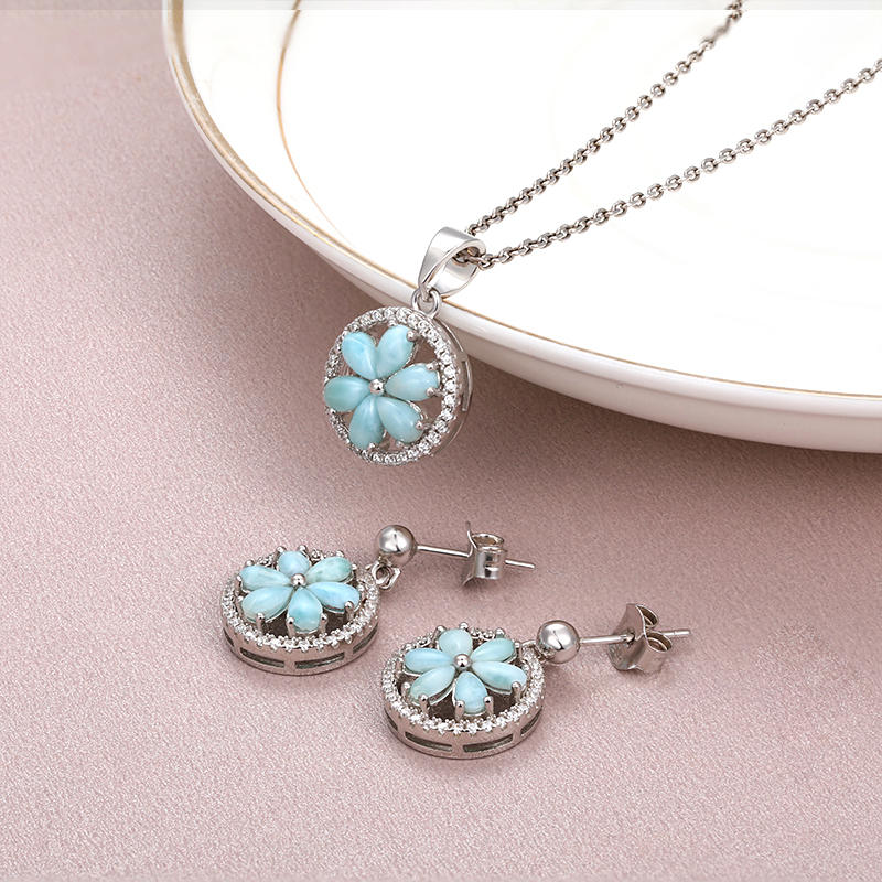 New Trend Classic Charm 925 Sterling Silver Jewelry Gifts Retro Flower Natural Precious Larimar Pendant Necklace for Woman