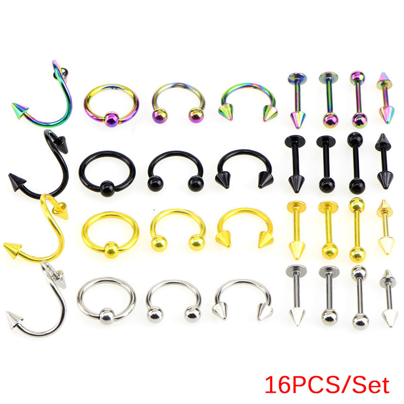 16PCS/Set Women Eyebrow Piercing Jewelry Surgical Steel Body Spiral Body Piercing Jewellery Spiral Belly Tongue Bar Ring New