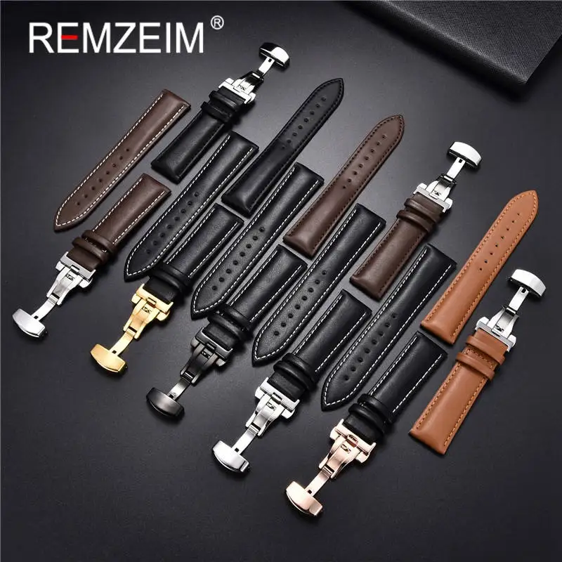 REMZEIM Soft Calfskin Leather Watchbands 18mm 20mm 22mm 24mm Straps Automatic Butterfly Clasp Watch Accessories With Box