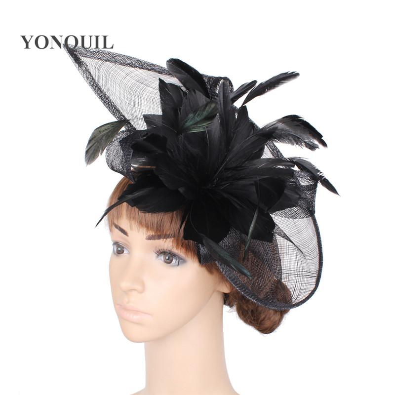 Women Green Sinamay Fascinator Hats With Beautiful Feather Flower Red Black Female Kentucky Derby Church Wedding Party Headbands