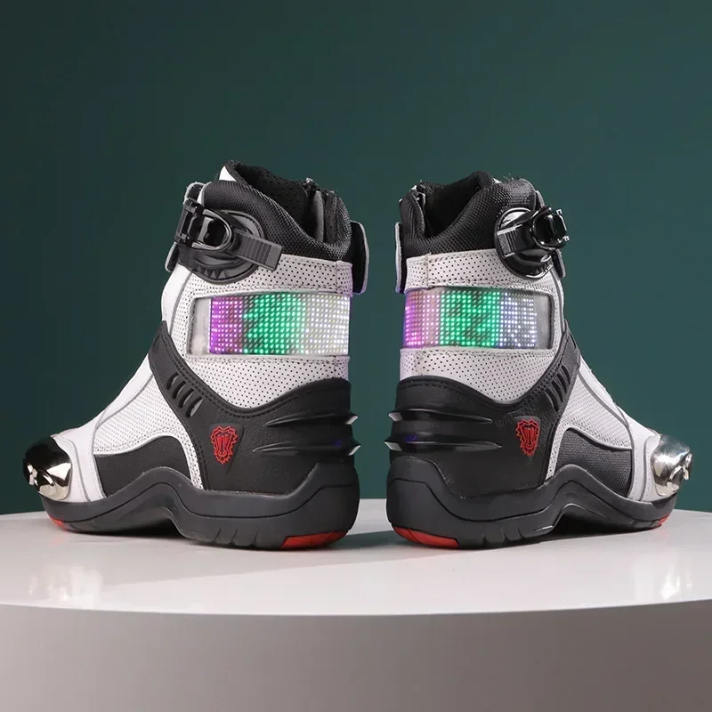Motorcycle Riding Men Boots LED Lights Motocross Cycling Shoes Off-Road Motorbike Racing Anti-drop Breathable Equipment Soft