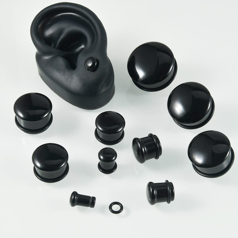 1Pai Black Obsidian Stone Single Flared Ear Plug Polished Convex Surface Solid Cat Eye Ear Expander Gauge Piercing Jewelry 2G-1"