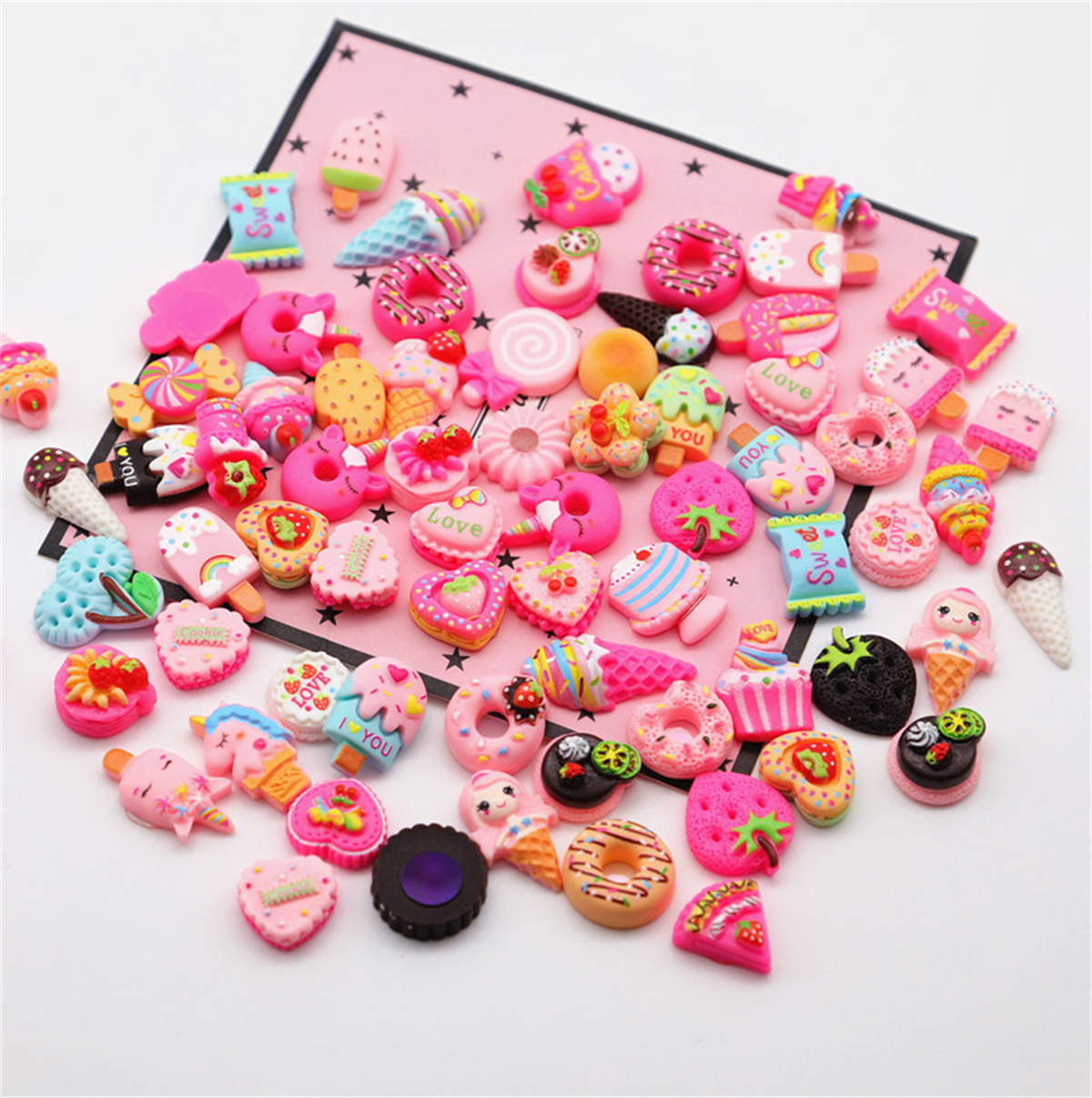 20pcs Korean Kawaii Dessert Donut Nail Art Charms Colorful Cake Resin Heart Bow Flower Nail Decorations DIY Acrylic Accessories