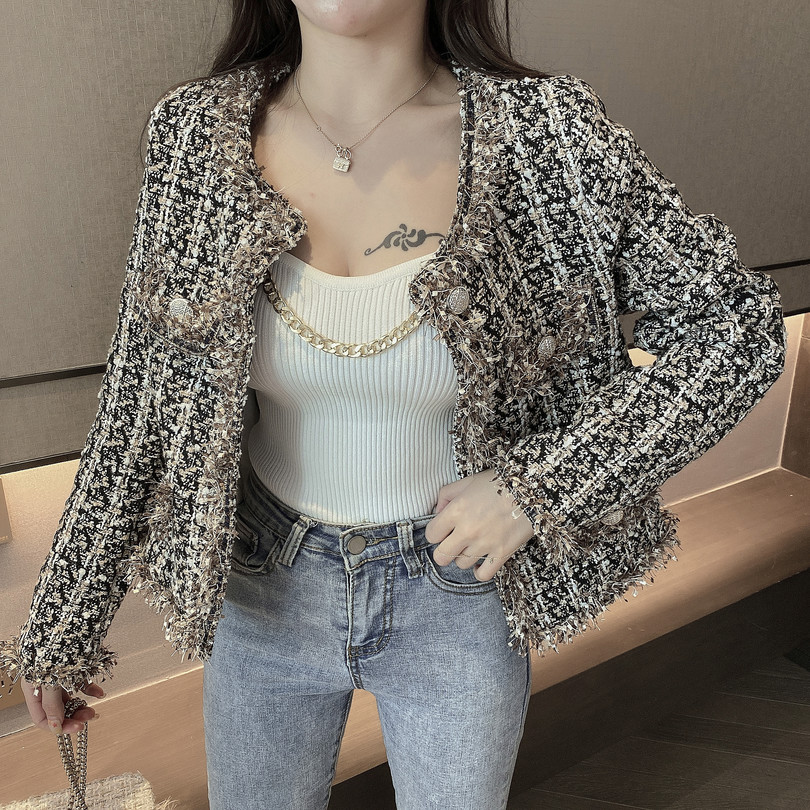 SMTHMA Runway Designer Wool Tassel Coat Women Vintage Plaid Tweed Jackets Golden Buttons Elegant Office Lady Outwear Korean