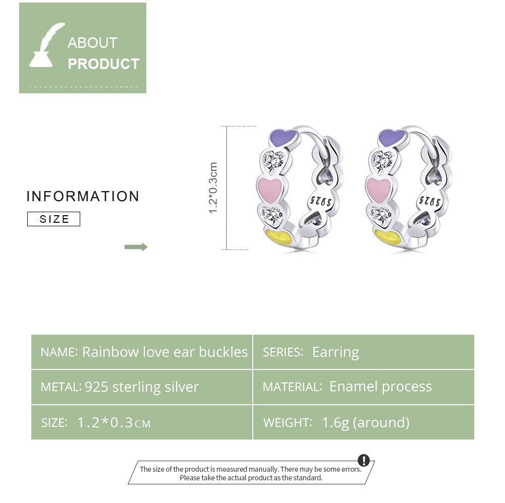 Bamoer Genuine 925 Sterling Silver Rainbow Love Ear Buckles Colorful Heart Hoop Earring for Women Fine Jewelry Anniversary Gift