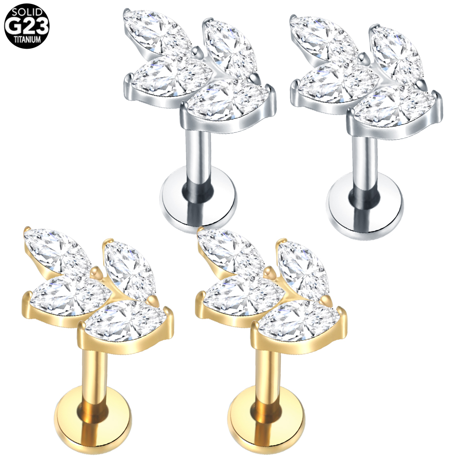 1PC ASTM F136 Titanium 16G Marquise CZ Leaves Stud Earring Leaf Shaped Helix Cartilage Conch Flat Back Lip Piercing Sexy Jewelry