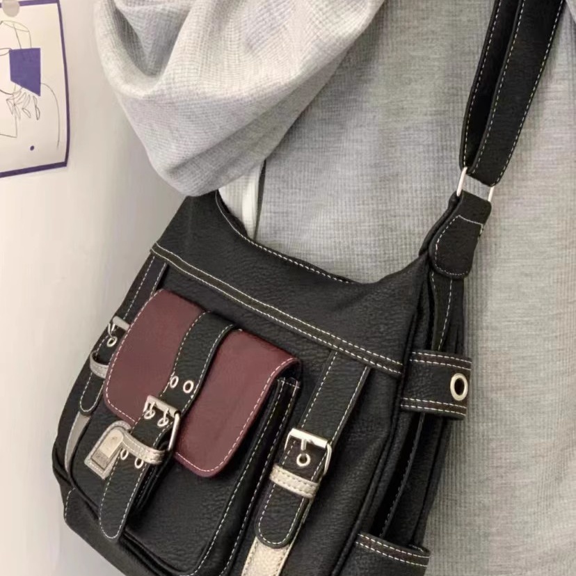 Korean version of European and American retro vintage bag street style personalized new belt soft leather Y2K spicy girl cool motorcycle crossbody bag