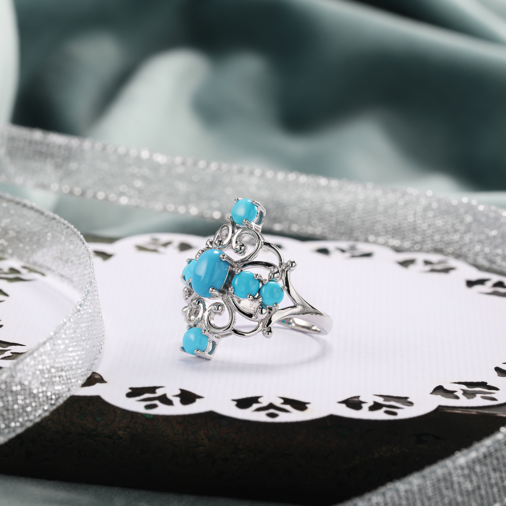 GZ ZONGFA Original 925 Sterling Silver Rings for women Seven Natural Turquoise Ring 1.5 Carats Rhodium Plated Fine Jewelry