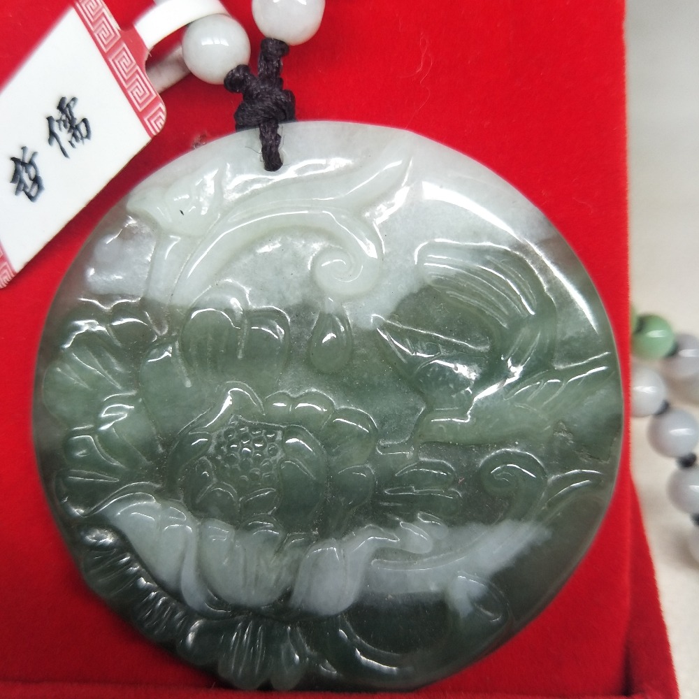 Zhe Ru Jewelry Pure Natural Jadeite Dark Green Bicolor Lotus Pendant Tricolor Jade Bead Necklace A Class A National Certificate