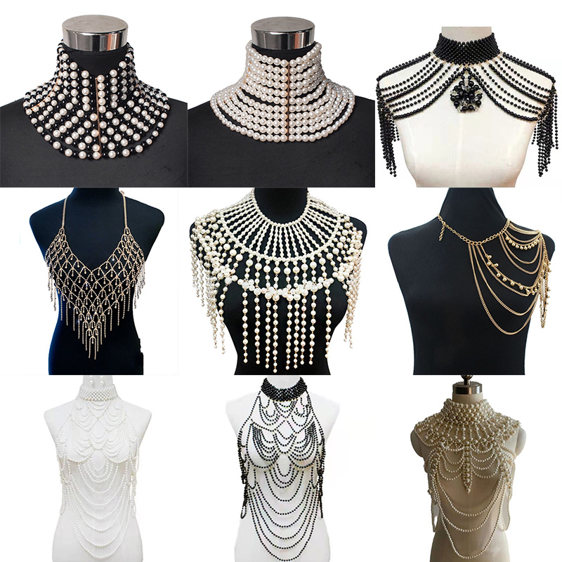 Women Layered Fake Collar Pearl Bib Necklace Ruffle Collar With Beads Pearl Collar Tassel Jewelry Necklaces And Shoulder Chain