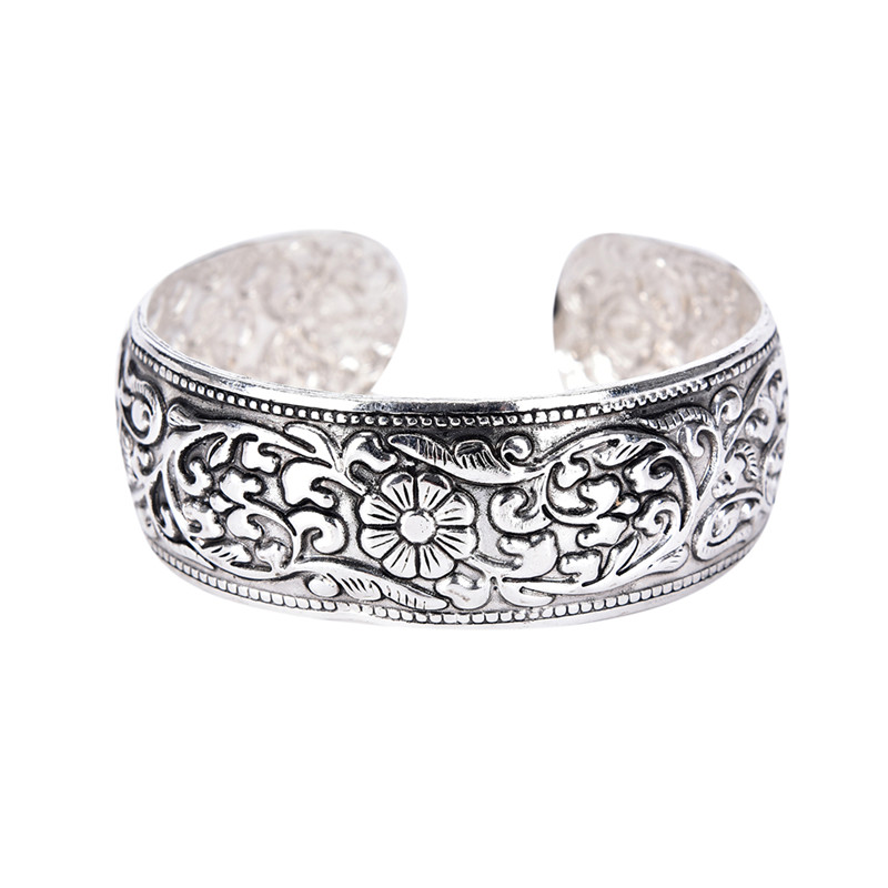 Women Vintage Bracelets Wide Lucky Flower Printing Tibet Totem Cuff Bracelets Bangles