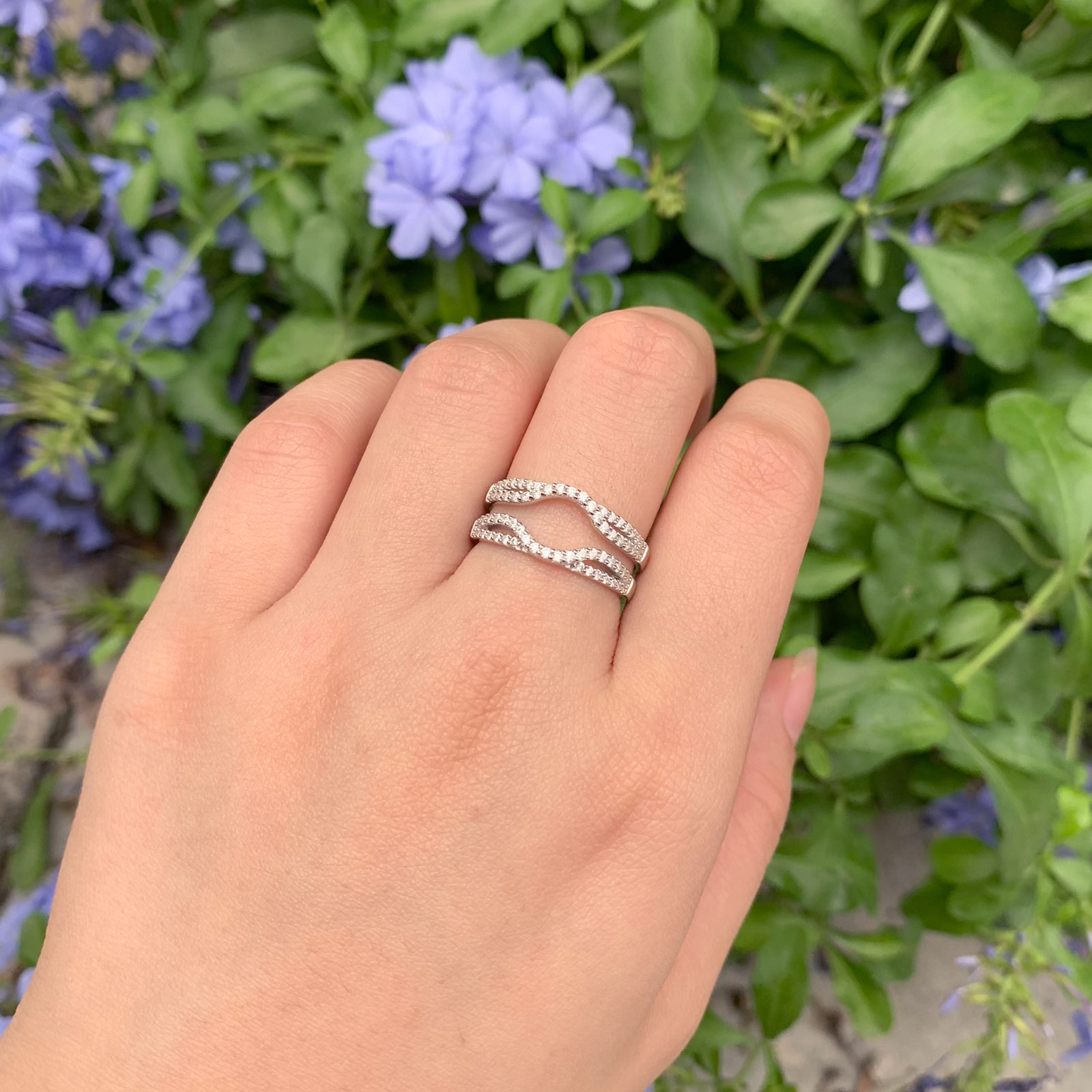 Newshe Solid 925 Sterling Silver Hollow Wedding Rings Enhancer For Women Round White AAAAA CZ Infinity Wrap Guard Band Jewelry