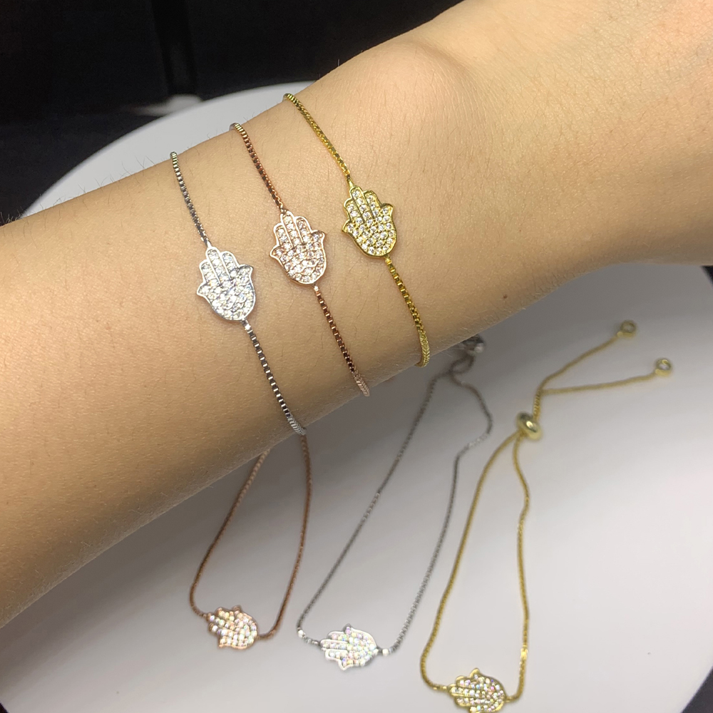 Real 925 Sterling Silver Adjustable Chains Lucky Jewelry Micro Paved Clear CZ Evil Eye Of Fatima Hamsa Hand Bracelets For Women