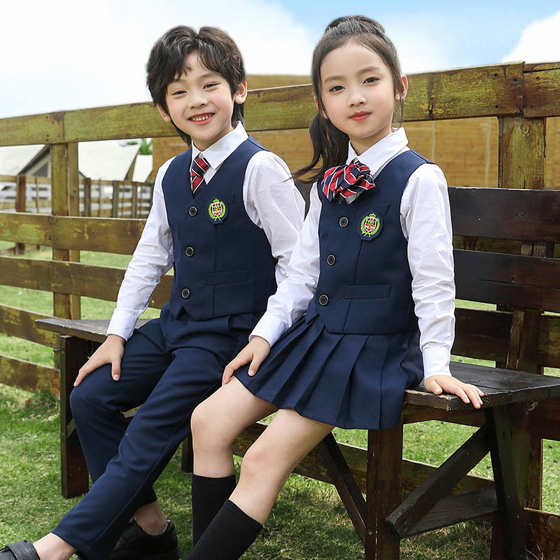 Kid Korean Japanese School Uniform for Boy Girl White Shirt Navy Skirt Pants Waistcoat Vest Tie Clothes Set Student Outfit Suit