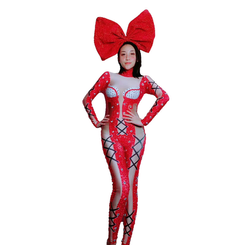 Christmas Party Stage Costumes Women Rhinestones Jumpsuit Stretch Rompers Performance Cosplay Outfit Singer Dancer Bodysuits