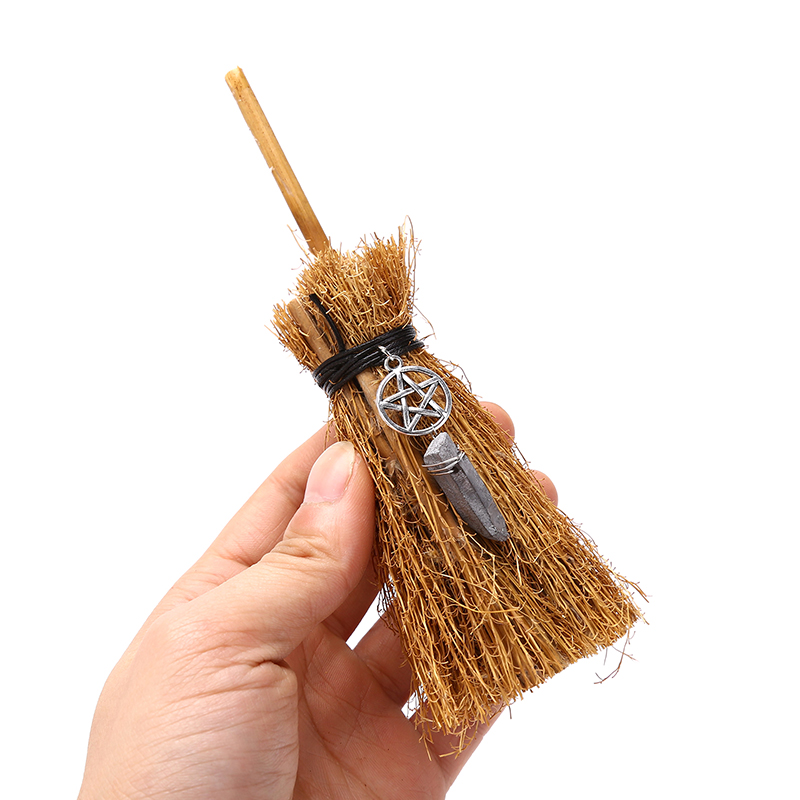 Dust Removal Broom Wicca Celti Pentagram Mini Witch Broom Witchcraft Accessories Raw Crystal Wicca Altar Broom
