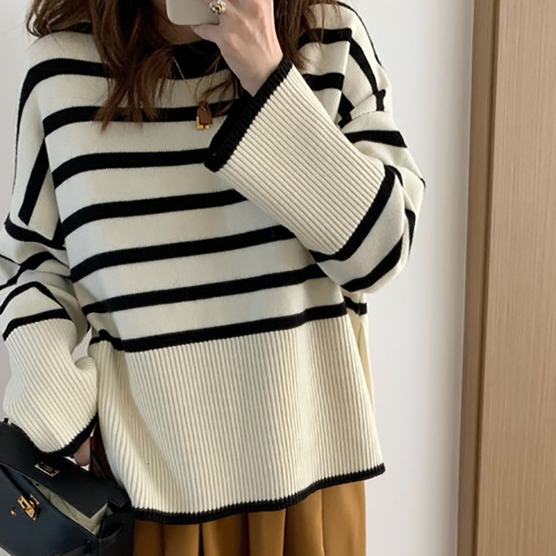 HELIAR Striped Loose Warm O-Neck Long Sleeve Thicken Knitted Pullovers Casual Sweater For Women 2023 Autumn Winter F6.24#22.6 ddmymarket