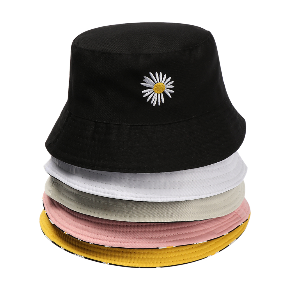 Fashion Daisies Embroidery Bucket Hat Beach Sun Hats Casual Double-Sided Daisies Summer Fisherman Cap Outdoor Sunscreen Hat